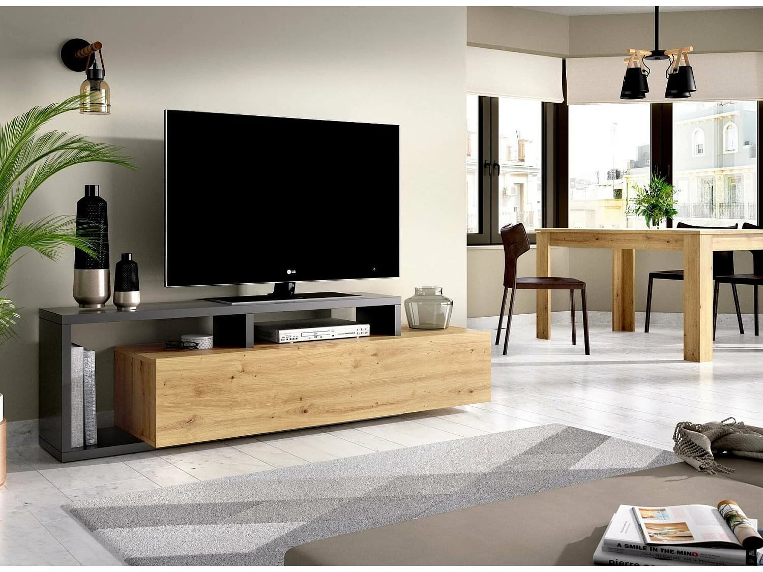 Meuble TV Dgodign, Buffet bas de salon, Buffet de salon pour télévision, 165x40h47 cm, Chêne Nodi et Anthracite
