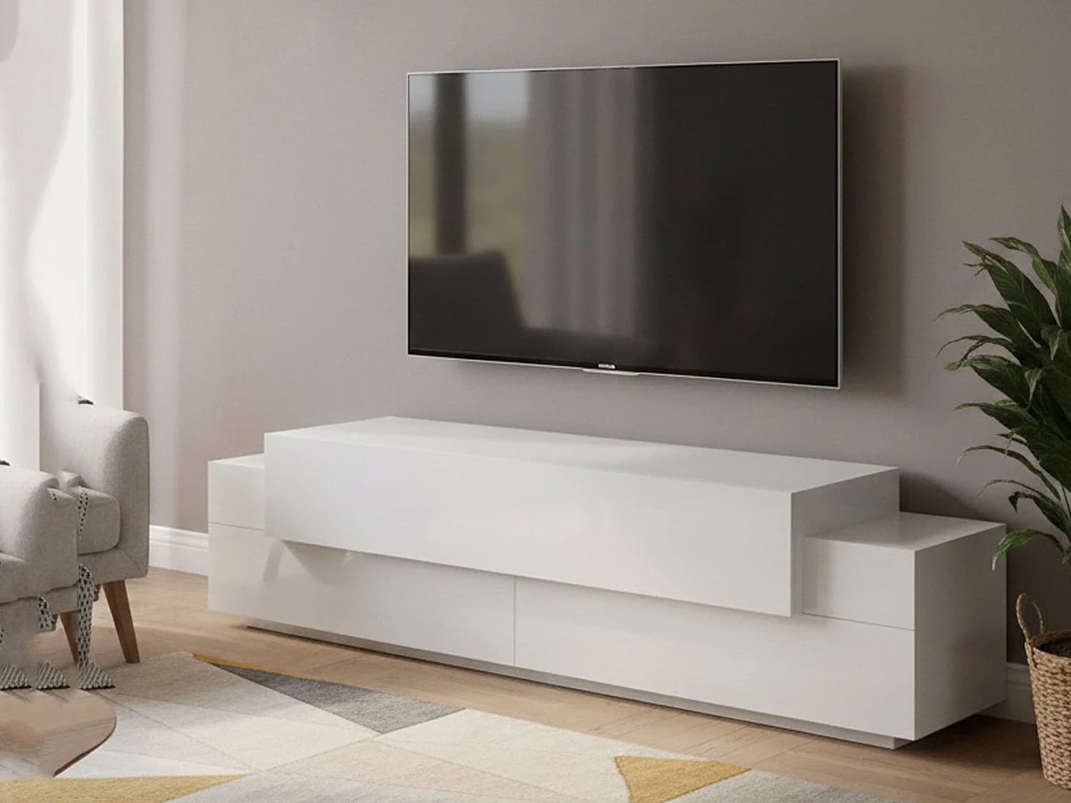 Meuble TV Teo, Buffet bas de salon, Base pour meuble TV, 100% Made in Italy, 200x45h52 cm, Blanc brillant