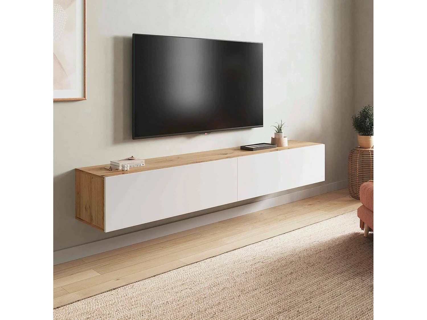 Meuble TV Vincennes, Meuble TV 2 portes, Meuble de salon suspendu, 180x35h28 cm, Chêne Noué et Blanc Brillant
