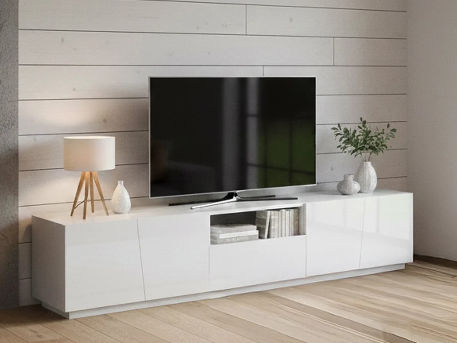 Meuble TV Dlori, Buffet bas de salon, Base pour meuble TV, 100% Made in Italy, 220x43h46 cm, Blanc brillant, avec lumière LED