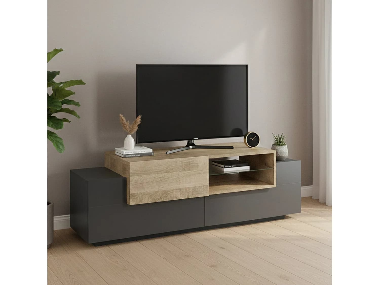 Meuble TV Pablo, Buffet bas de salon, Base pour meuble TV, 100% Made in Italy, 160x45h51 cm, Anthracite et Érable