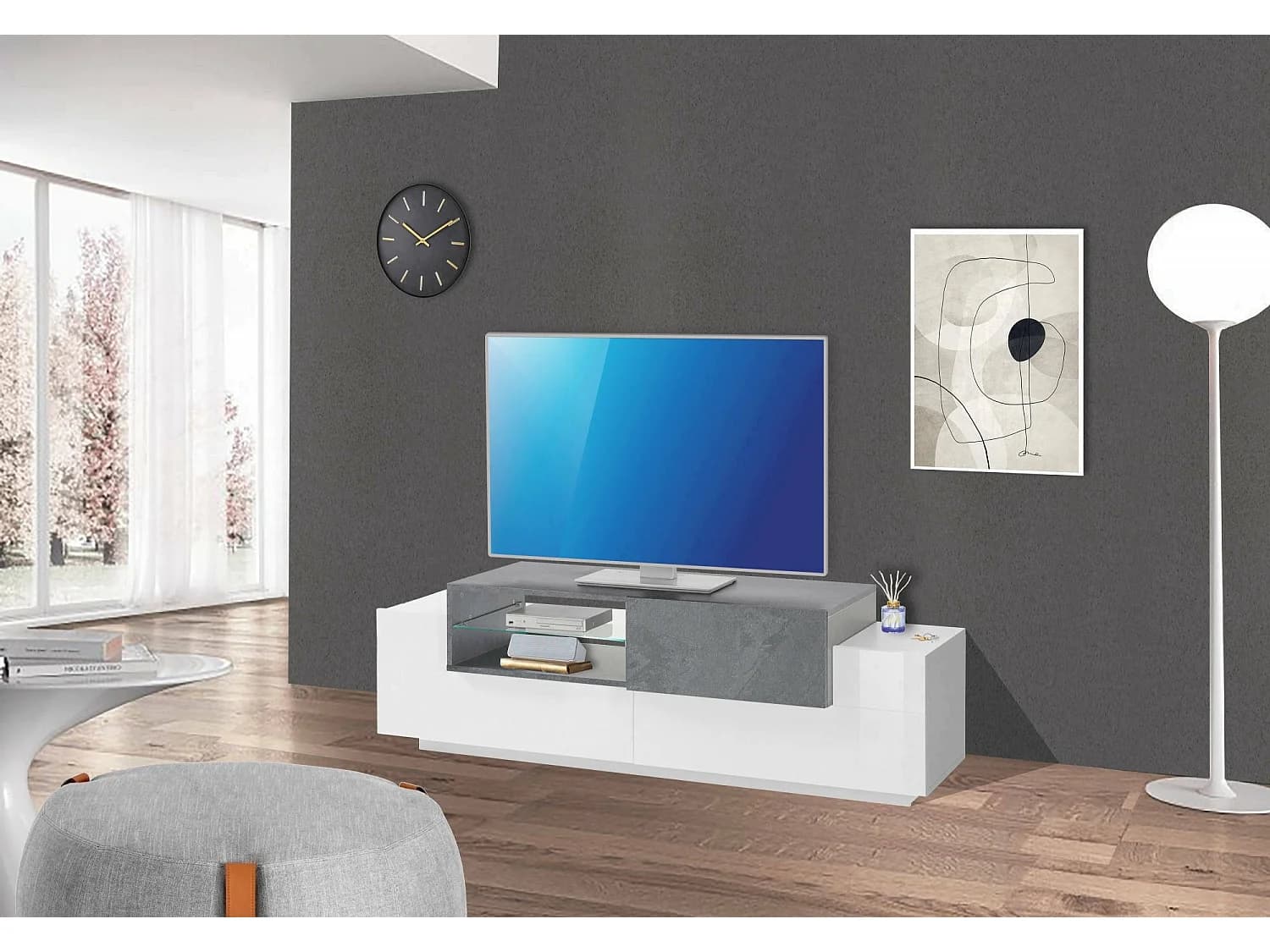 Meuble TV Dlodrin, Buffet bas de salon, Base pour meuble TV, 100% Made in Italy, 160x45h51 cm, Blanc brillant et ardoise