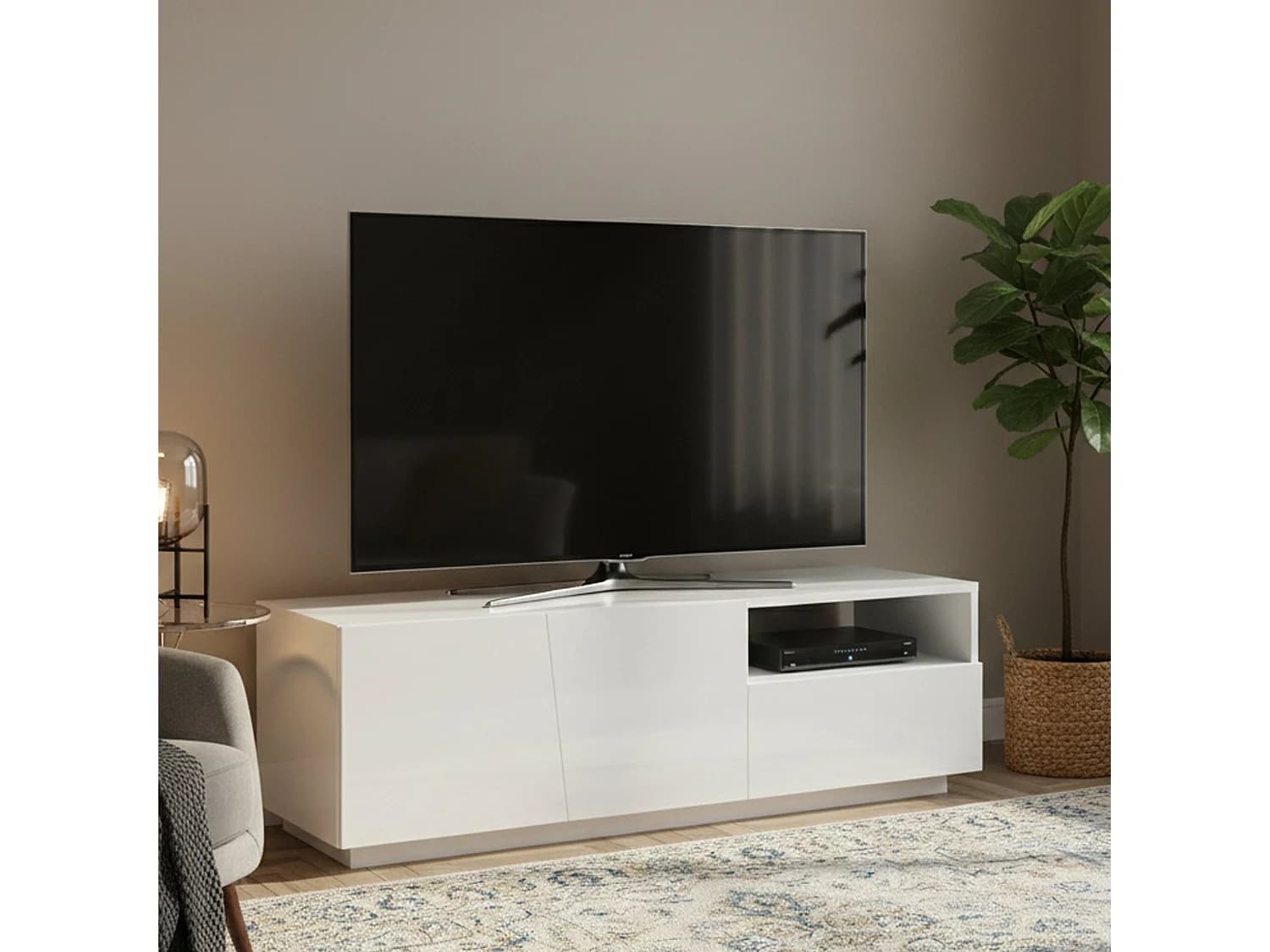 Meuble TV Dlandon, Buffet bas de salon avec 2 portes, Base pour meuble TV, 100% Made in Italy, 150x43h46 cm, Blanc brillant
