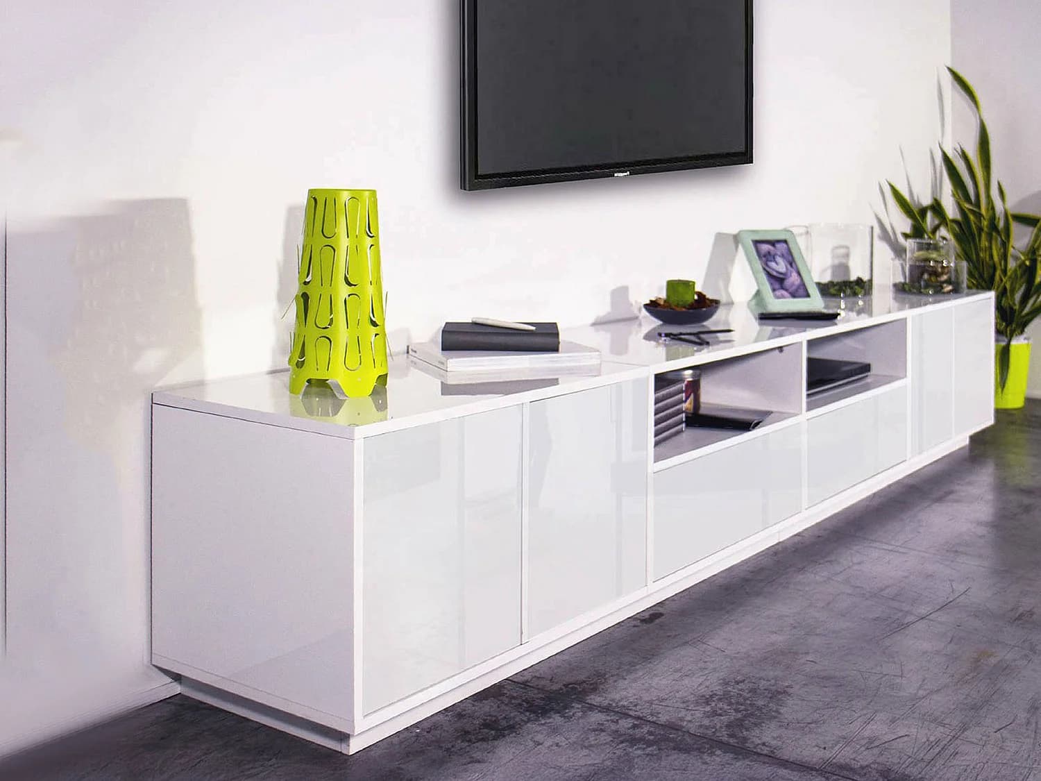 Meuble TV Orazio, Buffet bas de salon, Base pour meuble TV, 100% Made in Italy, 260x41h46 cm, Blanc brillant