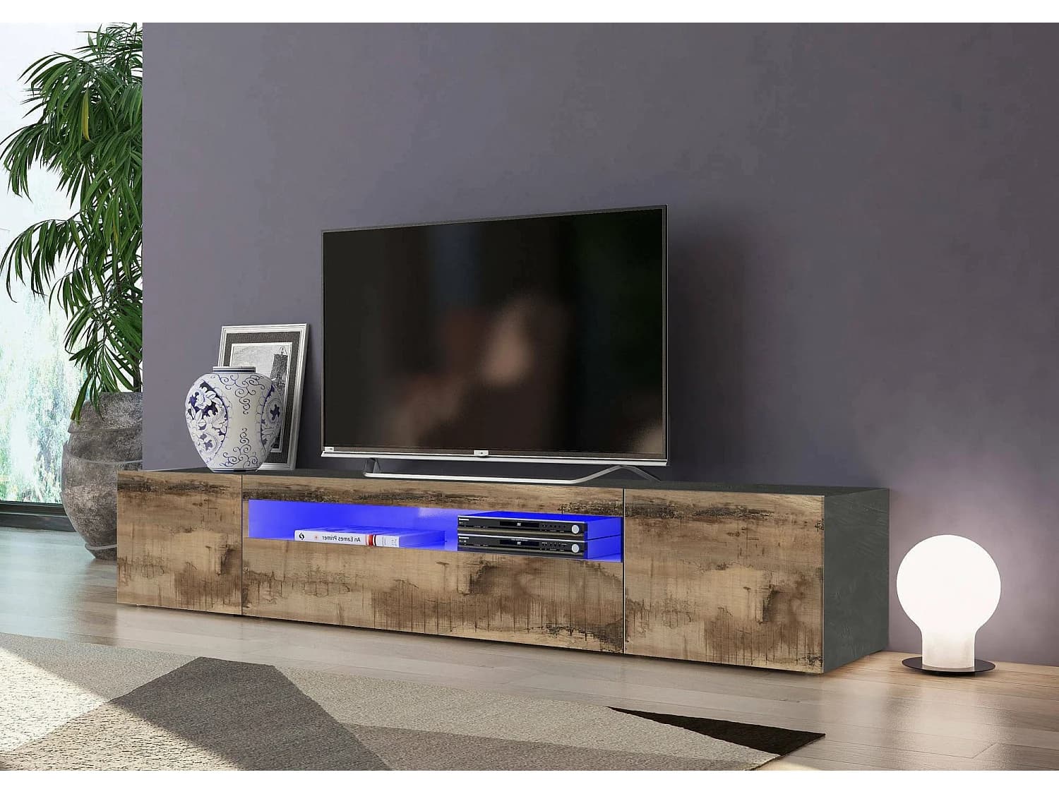 Meuble TV Dmarso, Buffet bas de salon avec 3 portes, Base pour meuble TV, 100% Made in Italy, 200x40h37 cm, Ardoise et Érable
