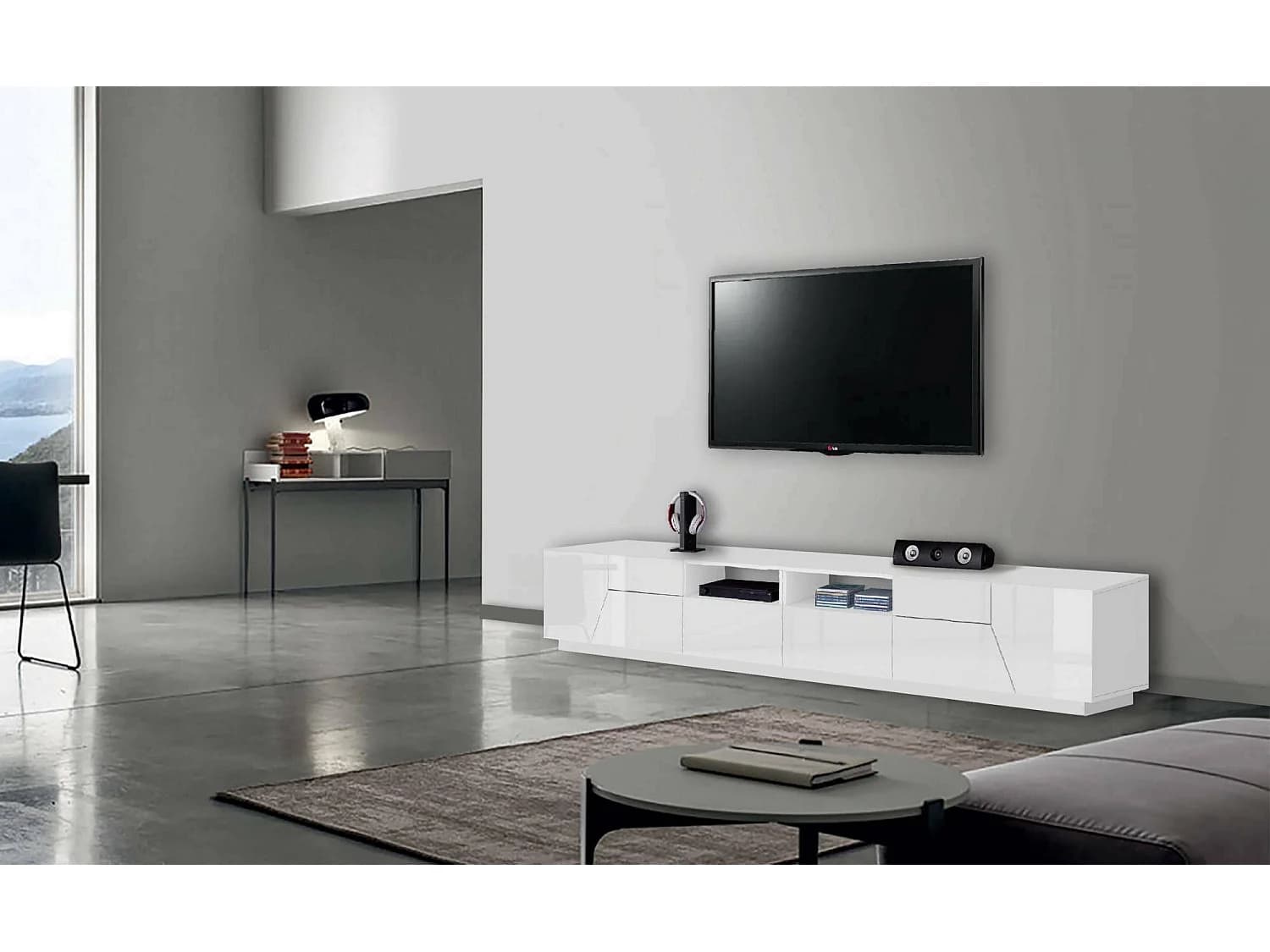Meuble TV Dfagiol, Buffet bas de salon avec 4 portes, Base pour meuble TV, 100% Made in Italy, 260x43h46 cm, Blanc brillant