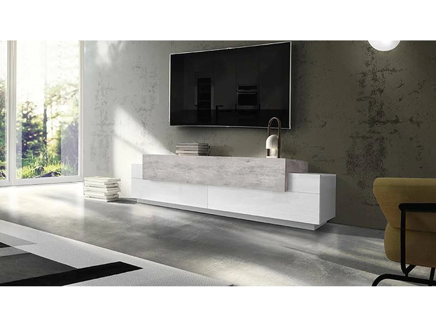 Meuble TV Dmirand, Buffet bas de salon, Base pour meuble TV, 100% Made in Italy, 200x45h52 cm, Blanc brillant et ciment