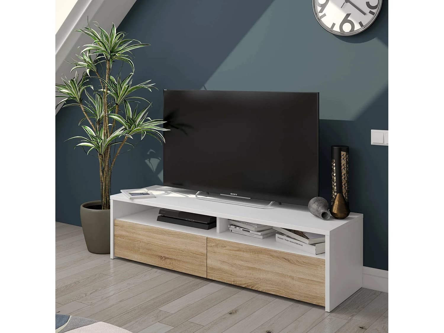 Meuble TV Ddacunh, Meuble TV, Buffet de salon bas moderne, Buffet télévision de salon avec 2 portes, 130x40h36 cm, Blanc brillant