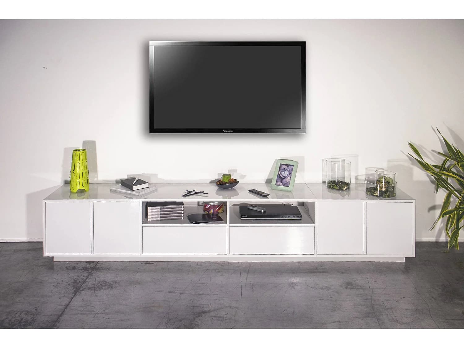 Meuble TV Dleott, Buffet bas de salon, Base pour meuble TV, 100% Made in Italy, 260x41h46 cm, Blanc brillant