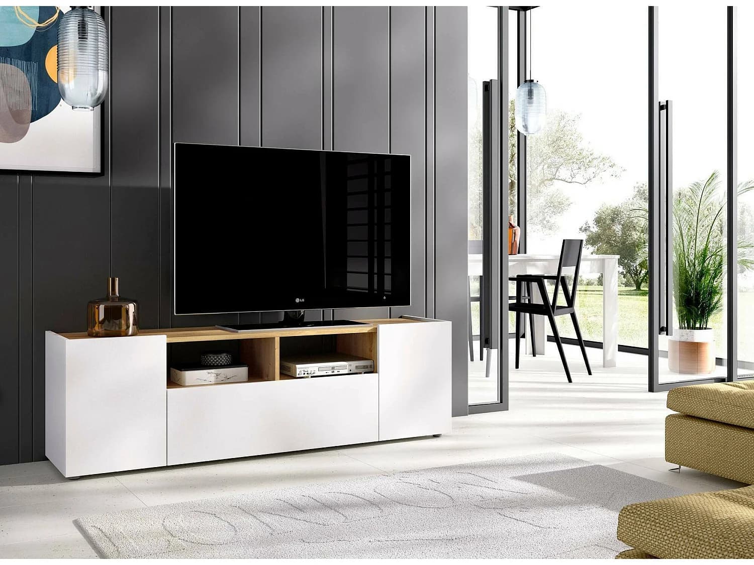 Meuble TV Dcotal, Buffet bas de salon, Buffet de salon pour télévision, 142x35h44 cm, Blanc et Chêne Noeud