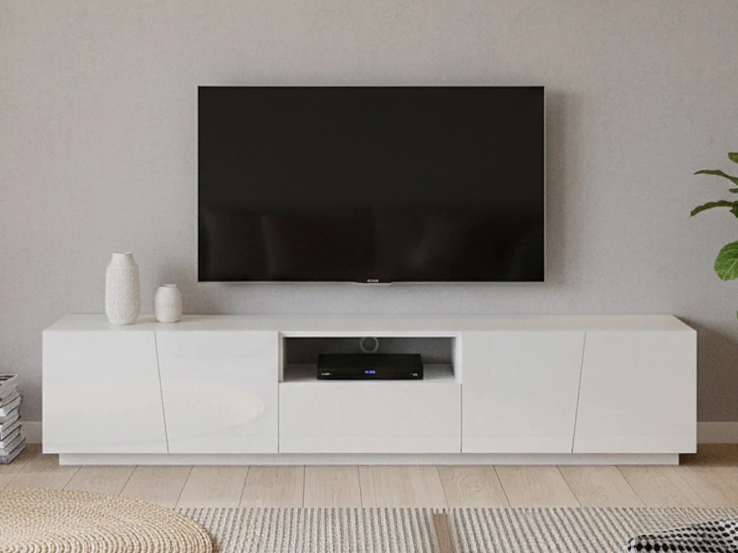 Meuble TV Dlori, Buffet bas de salon, Base pour meuble TV, 100% Made in Italy, 220x43h46 cm, Blanc brillant