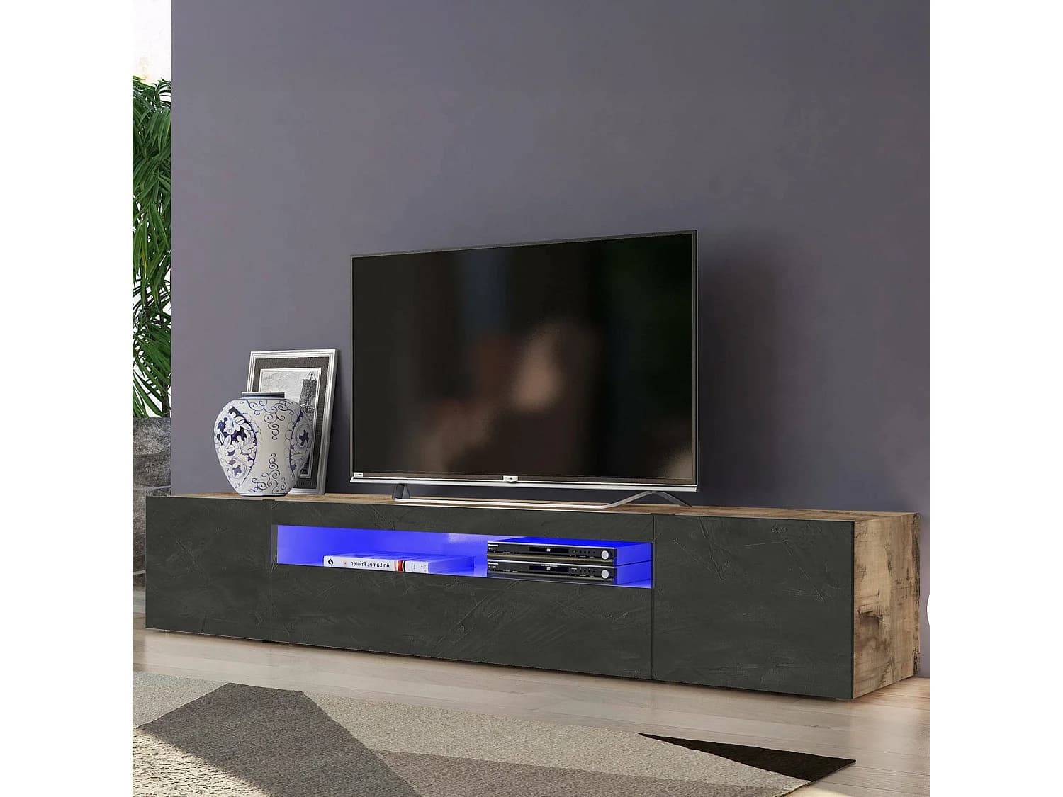 Meuble TV Dafrim, Buffet bas de salon avec 3 portes, Base pour meuble TV, 100% Made in Italy, 200x40h37 cm, Érable et Ardoise, avec lumière LED
