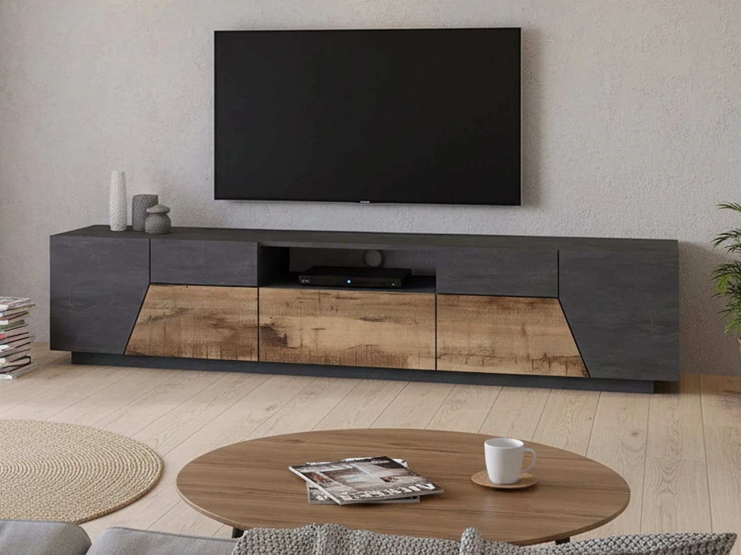 Meuble TV Dfilipp, Buffet bas de salon, Base pour meuble TV, 100% Made in Italy, 220x43h46 cm, Ardoise et Érable