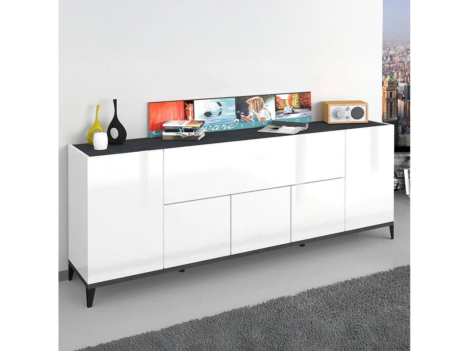 Buffet Dnatal, Buffet de cuisine 6 portes, Buffet de salon, 100% Made in Italy, 200x40h82 cm, Blanc brillant et ardoise