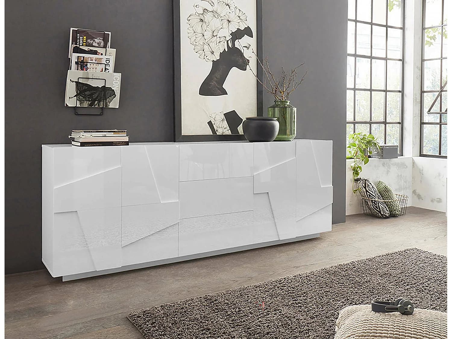 Buffet Dgut, Buffet de cuisine avec 4 portes et 3 tiroirs, Buffet de salon, 100% Made in Italy, 224x44h86 cm, Blanc brillant
