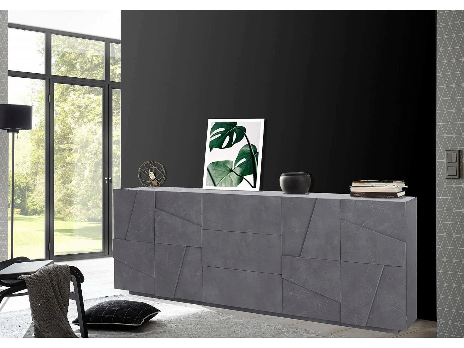 Buffet Dgut, Buffet de cuisine avec 4 portes et 3 tiroirs, Buffet de salon, 100% Made in Italy, 224x44h86 cm, Ardoise