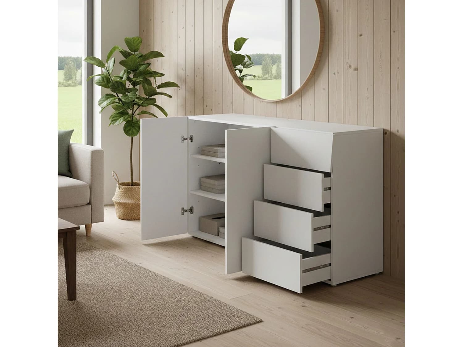 Buffet Dmogno, Buffet de cuisine avec 2 portes et 4 tiroirs, Buffet de salon, 100% Made in Italy, 124x40h82 cm, Blanc brillant