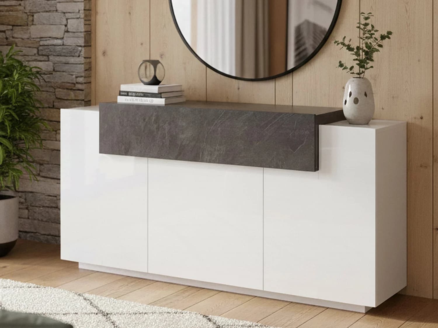 Buffet Dmem, Buffet de cuisine 3 portes, Buffet de salon, 100% Made in Italy, 160x45h86 cm, Blanc brillant et ardoise