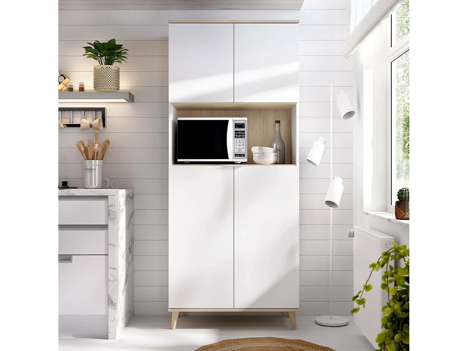 Buffet Dmerka, Buffet garde-manger de salon, Buffet de salon moderne avec 4 portes, 80x40h191 cm, Blanc et Chêne