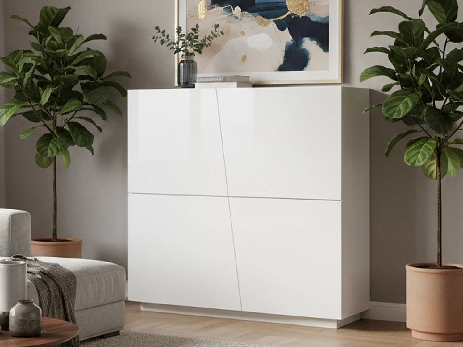 Buffet Dlorier, Buffet de cuisine 4 portes, Buffet de salon, 100% Made in Italy, 120x43h126 cm, Blanc brillant