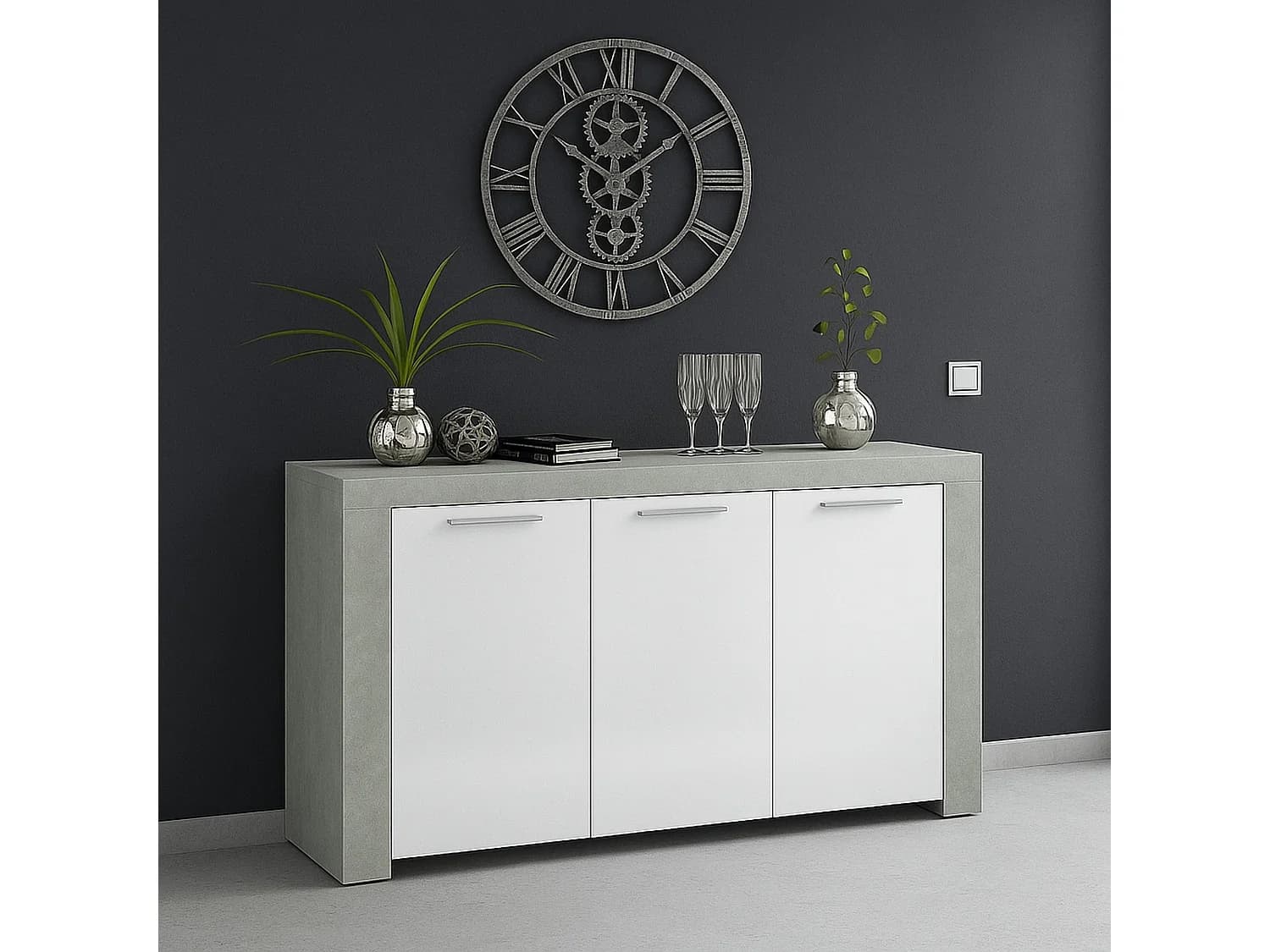 Buffet Dalbiera, Buffet de salon, Meuble TV, Buffet pour salon, Armoire moderne avec 3 portes, 144x42h80 cm, Ciment et Blanc