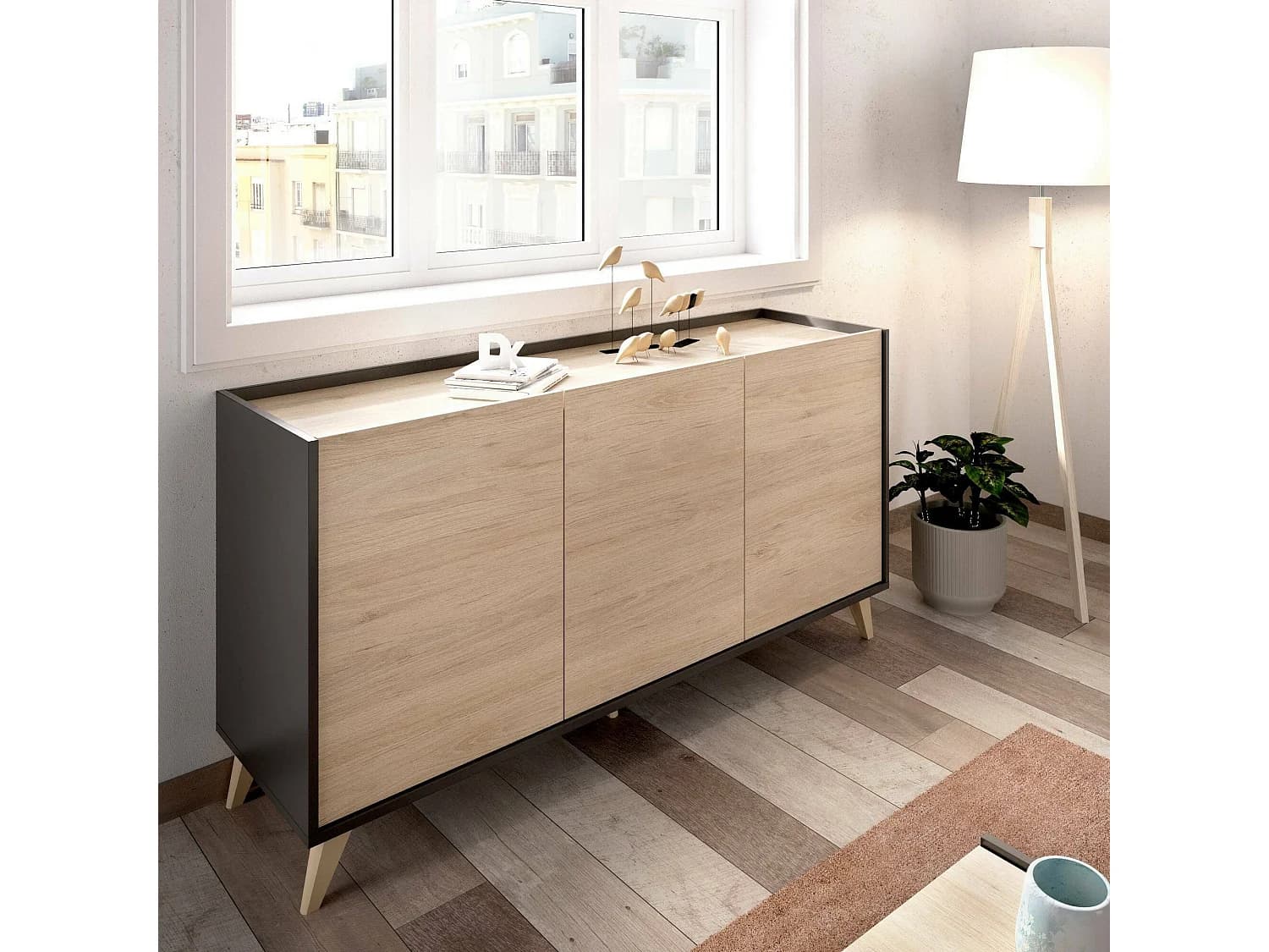 Buffet Dadop-vous, Buffet de salon, Buffet de salon moderne avec 3 portes, 155x43h75 cm, Chêne et Anthracite