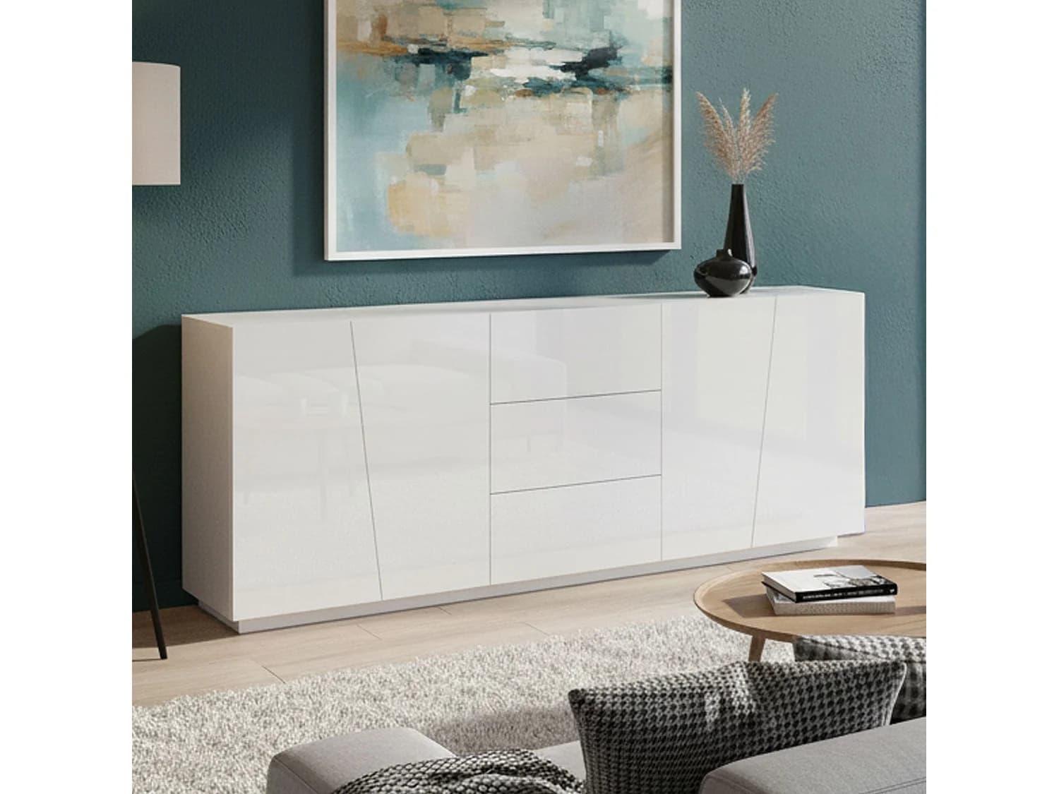 Buffet Dmicill, Buffet de cuisine avec 4 portes et 3 tiroirs, Buffet de salon, 100% Made in Italy, 220x43h86 cm, Blanc brillant