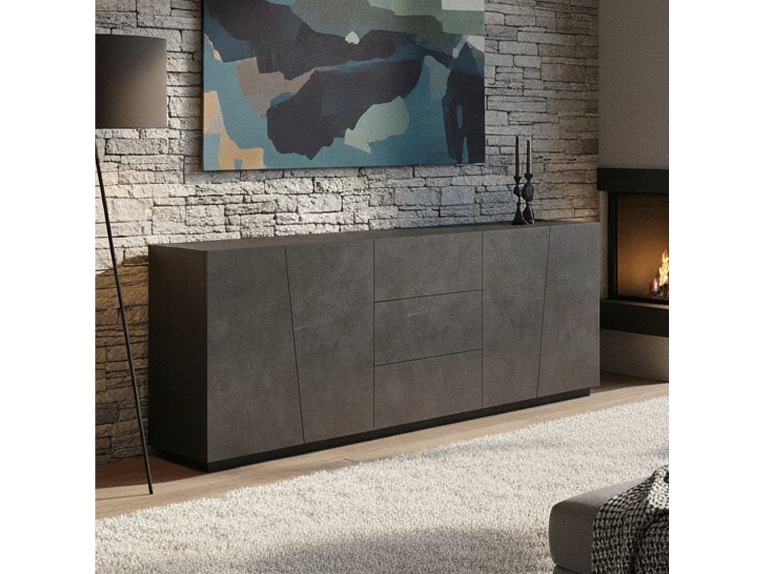Buffet Dmicill, Buffet de cuisine avec 4 portes et 3 tiroirs, Buffet de salon, 100% Made in Italy, 220x43h86 cm, Ardoise