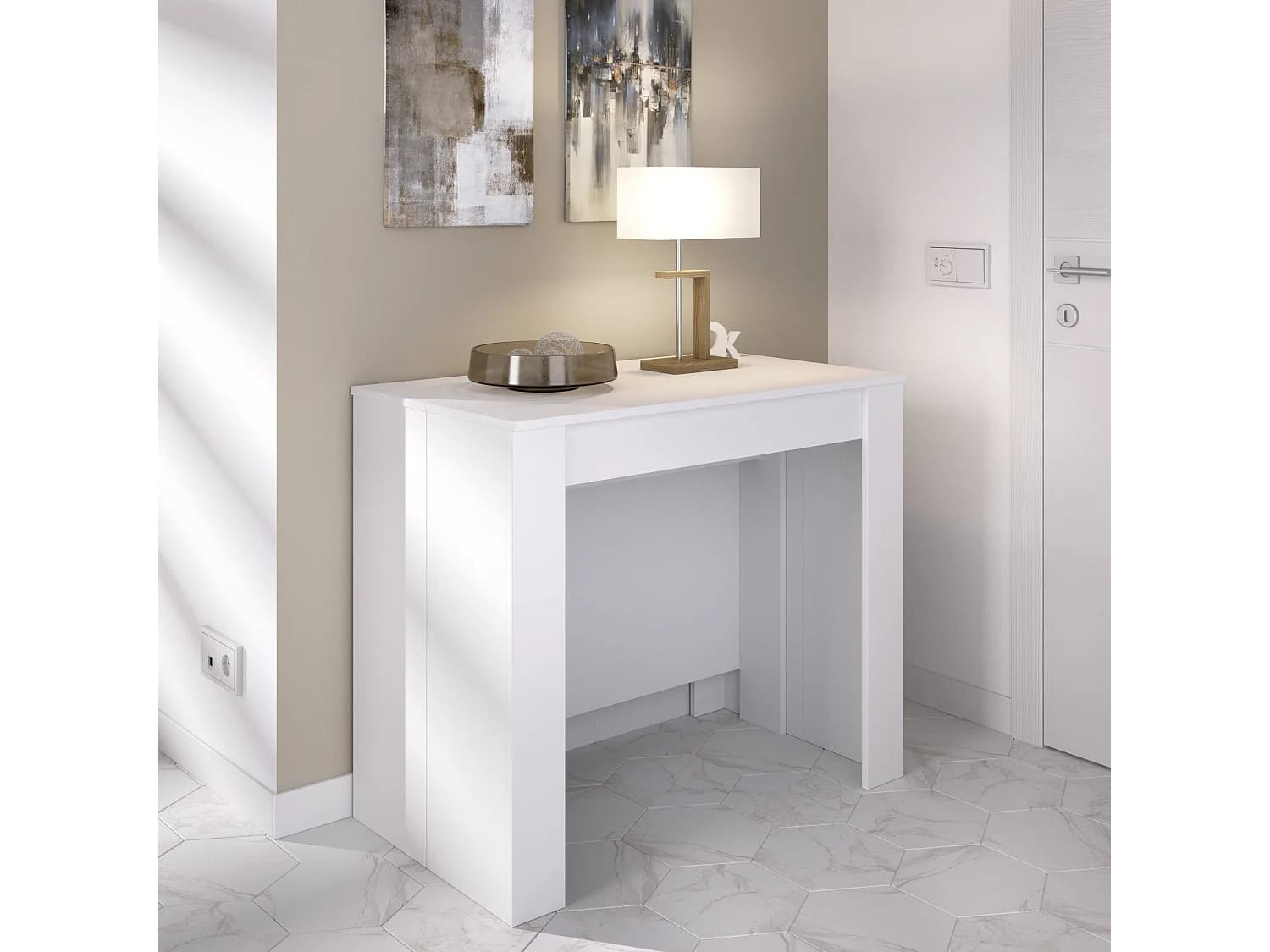 Console extensible Dbiragh, Table à manger polyvalente, Console extensible multiposition avec support d'extension inclus, 54/239x90h77 cm, Blanc