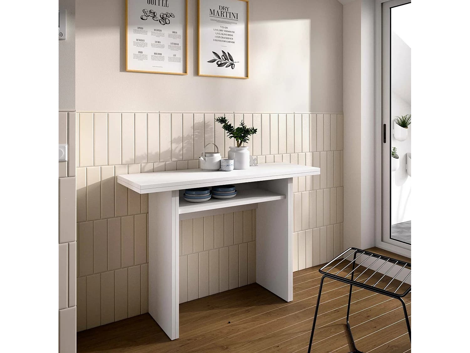 Console extensible Dmanuel, Console auxiliaire extensible multi-positions, Table à manger pliante avec plateau rabattable, 110x33/66h75 cm, Blanc