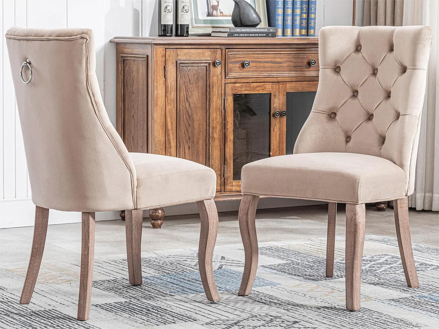 Lot de 2 Chaises capitonnées en velours avec pieds en bois massif - Beige