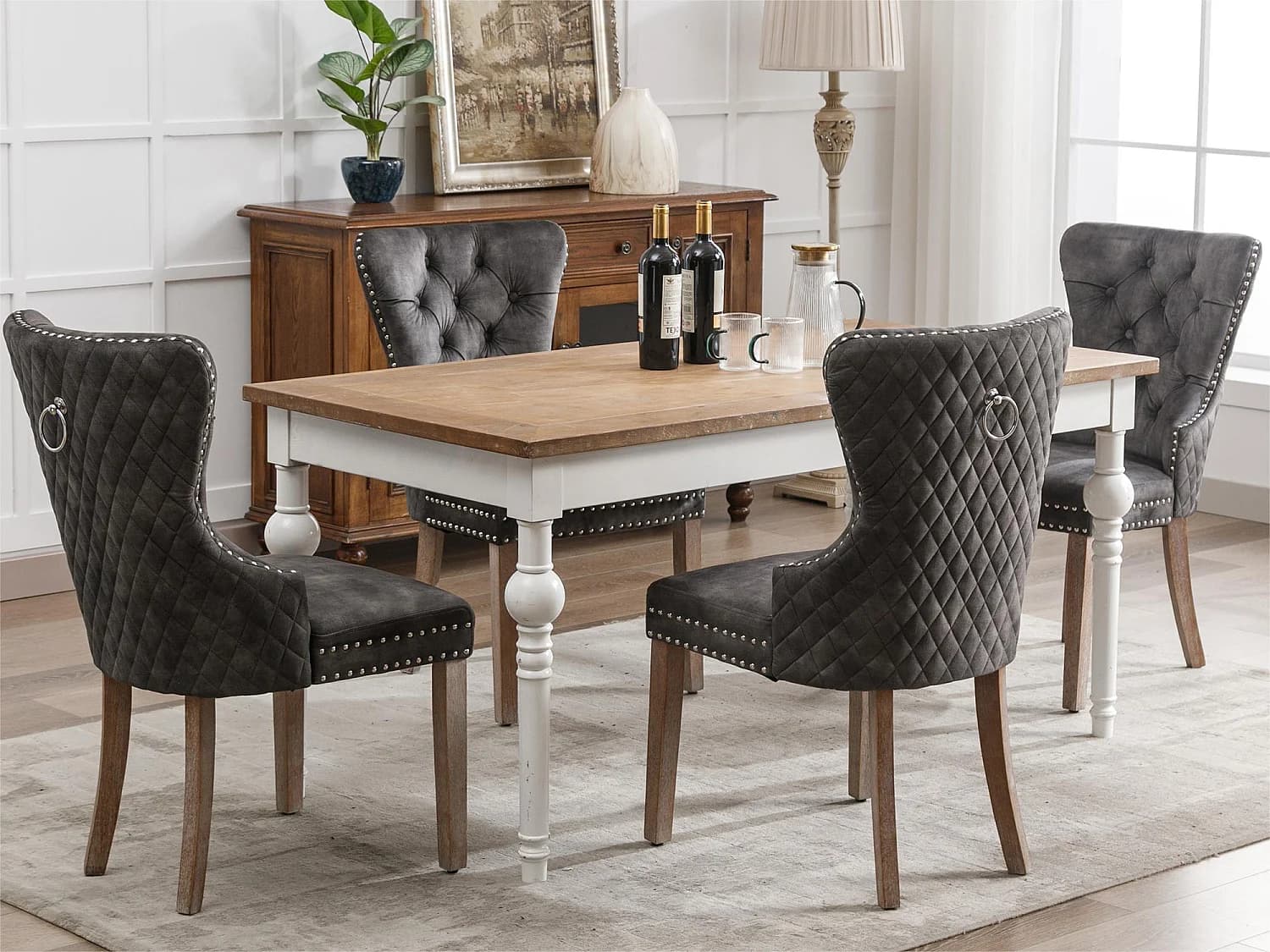 Lot de 4 chaises en velours - pieds en bois massif - gris