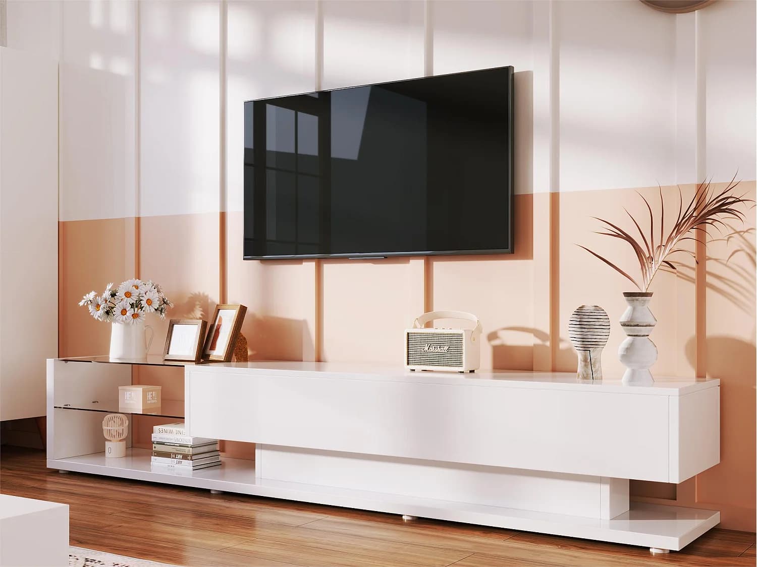 Meuble TV 170cm avec LED et cloison vitrée - 2 tiroirs - Blanc