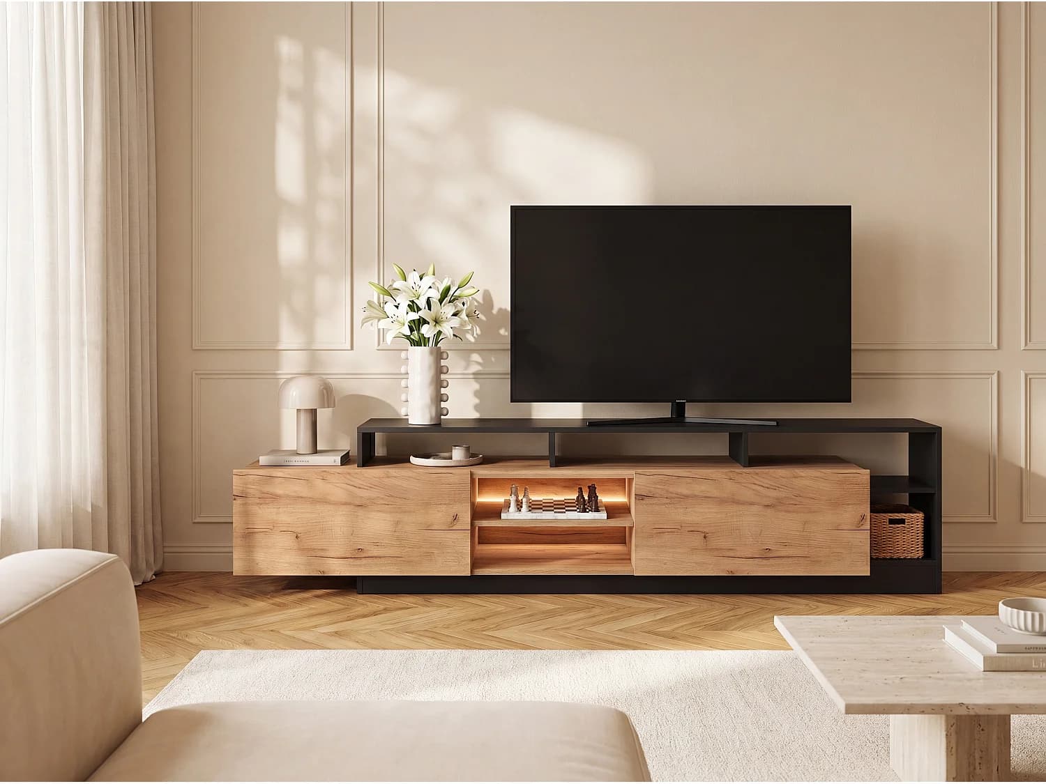 Meuble TV 2 portes et 6 niches avec LEDs - Naturel clair et Anthracite - IDESIA
