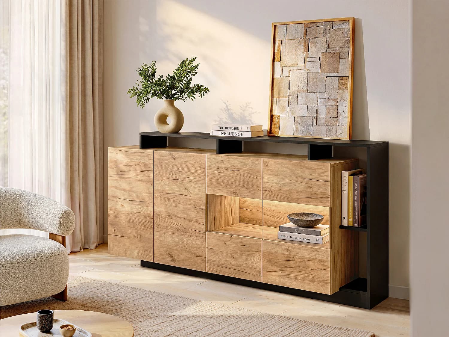 Buffet 4 portes et 4 niches avec LEDs - Naturel clair et Anthracite - IDESIA