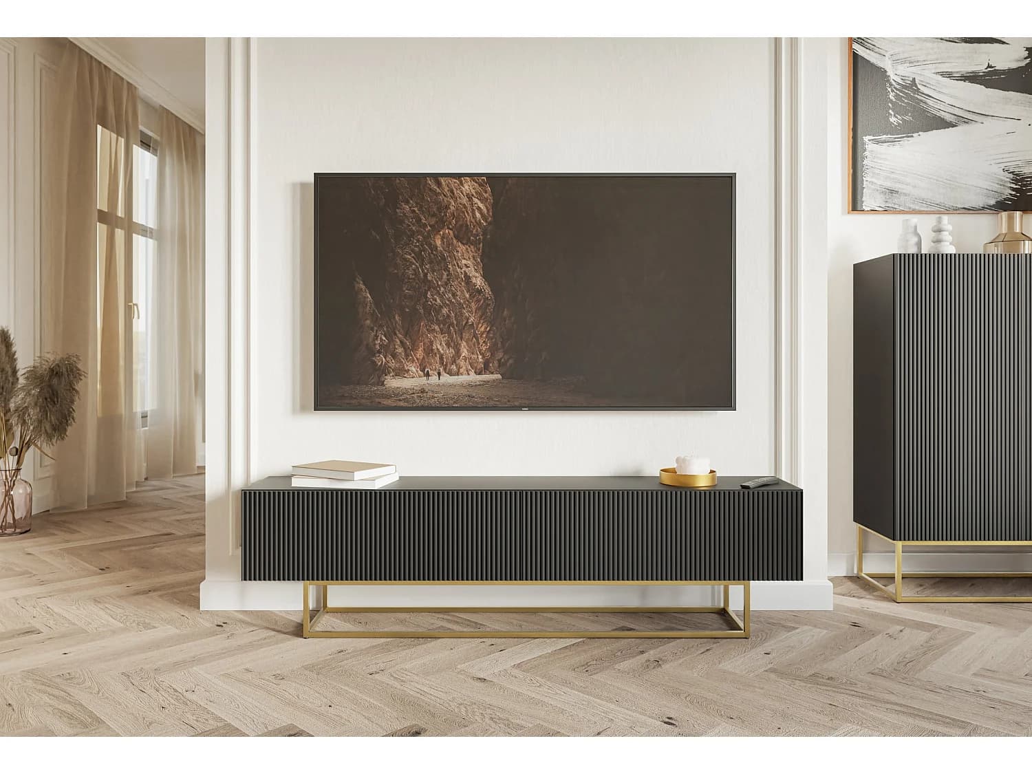 Meuble TV - 175 cm - noir sur pieds dorés - VELDIO