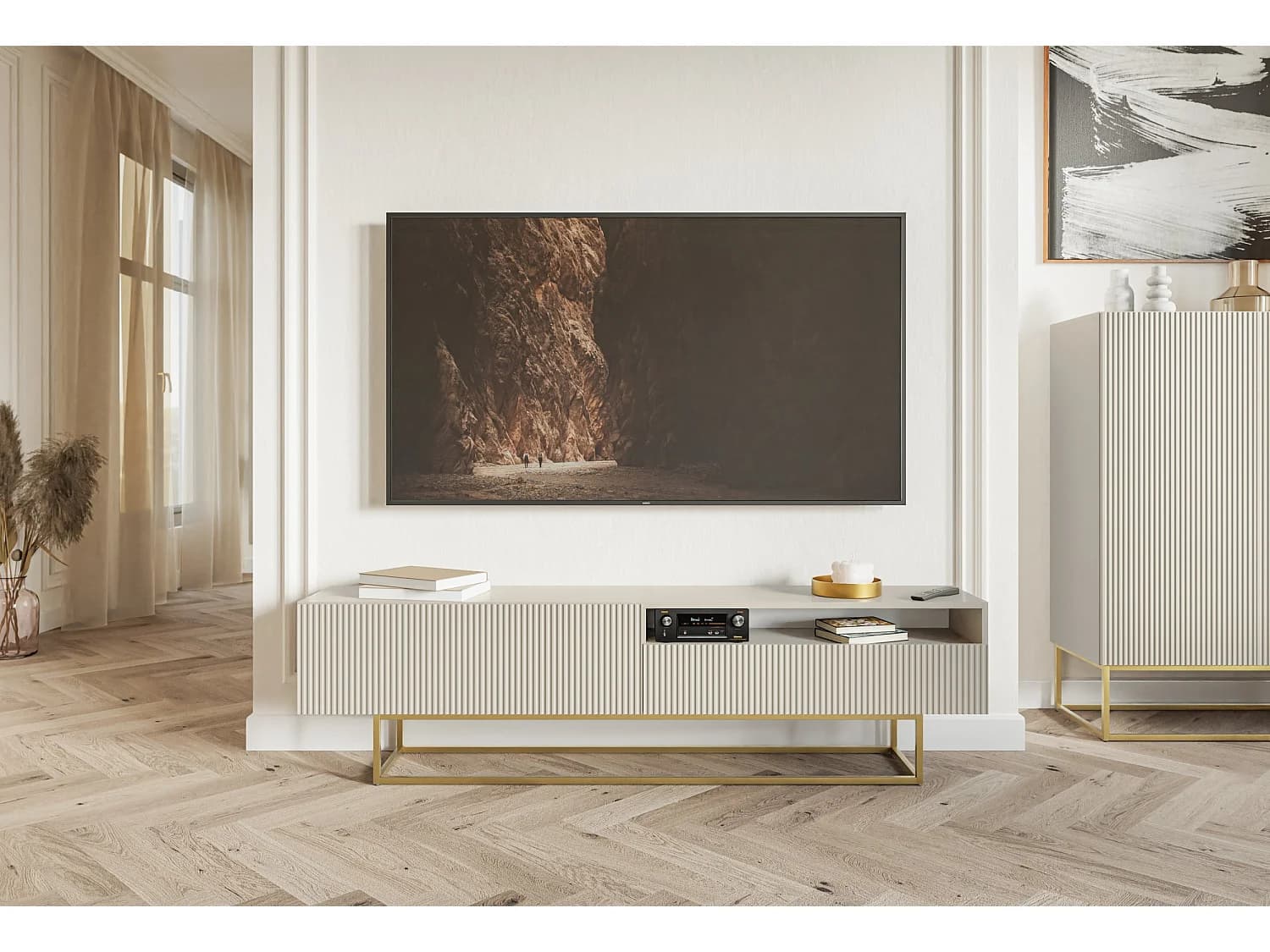 Meuble TV avec niche - 175 cm - taupe (gris-beige) sur pieds dorés - VELDIO