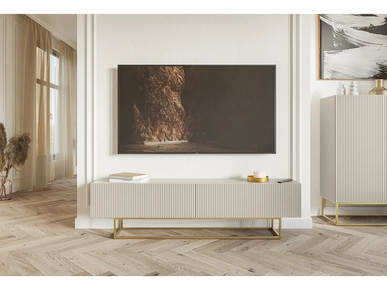 Meuble TV - 175 cm - taupe (gris-beige) sur pieds dorés - VELDIO