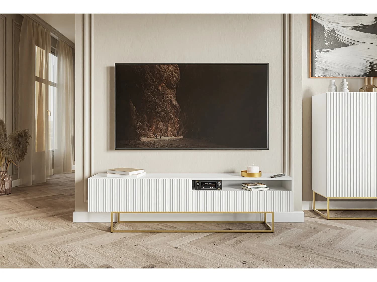 Meuble TV avec niche - 175 cm - blanc sur pieds dorés - VELDIO