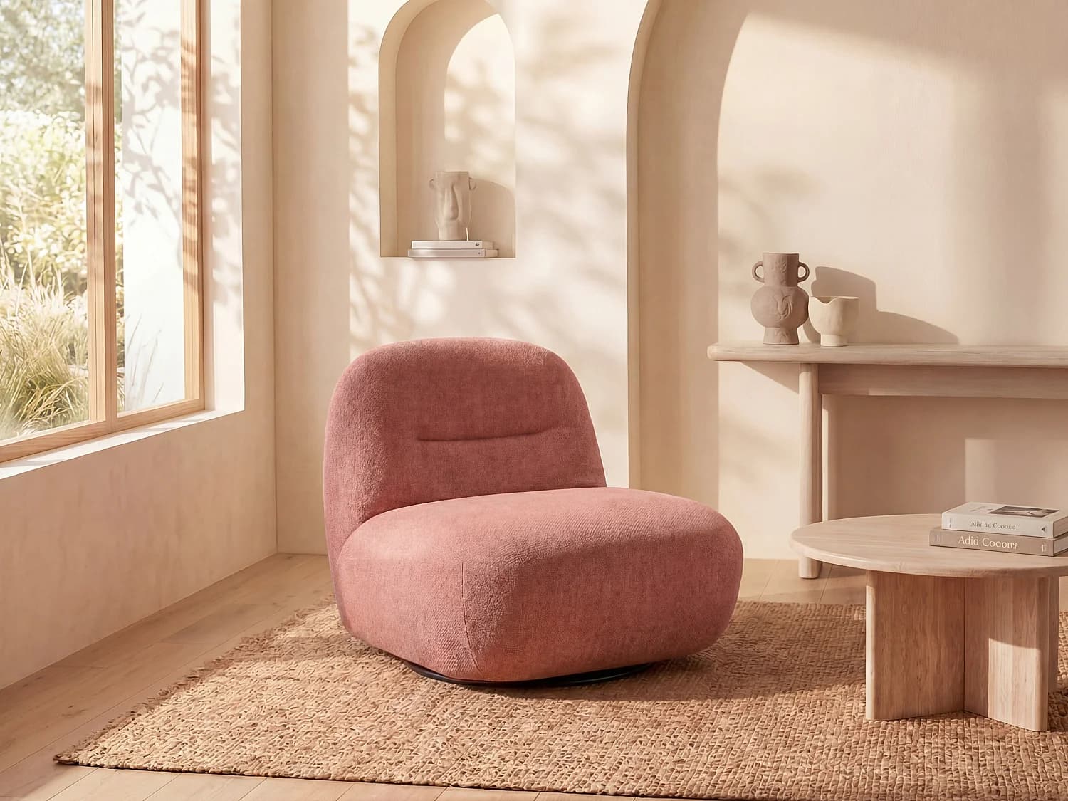 Fauteuil pivotant en tissu texturé terracotta POZETI