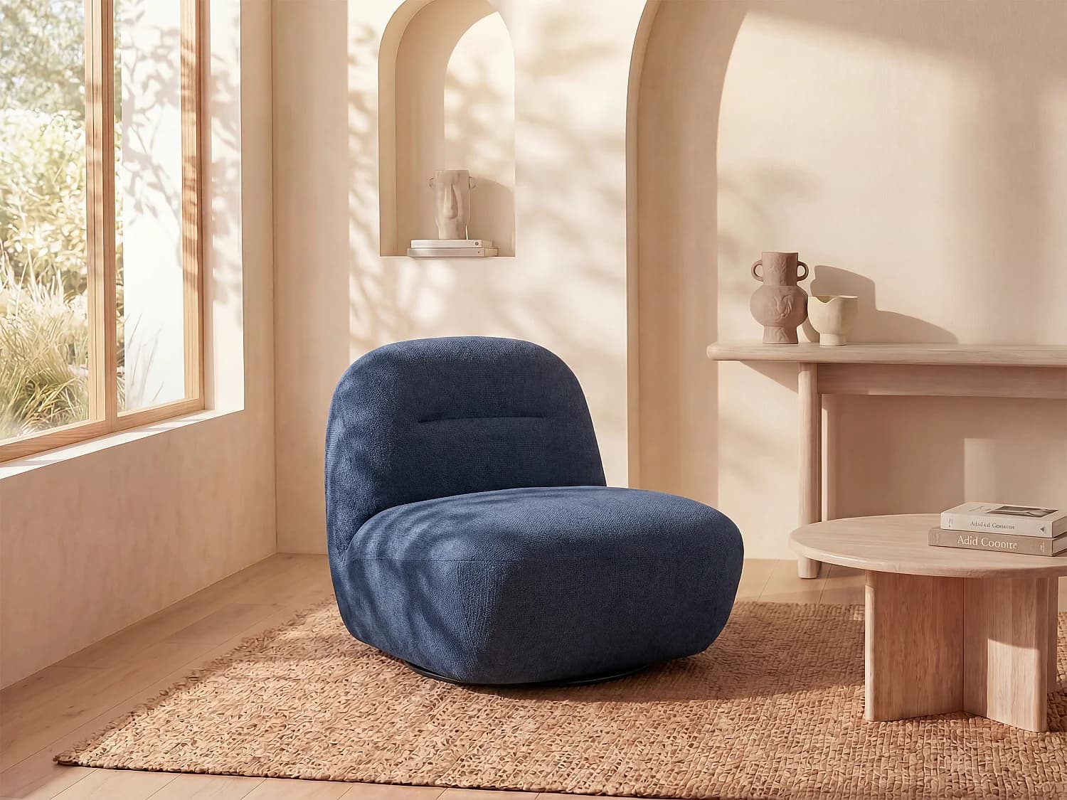 Fauteuil pivotant en tissu texturé bleu POZETI