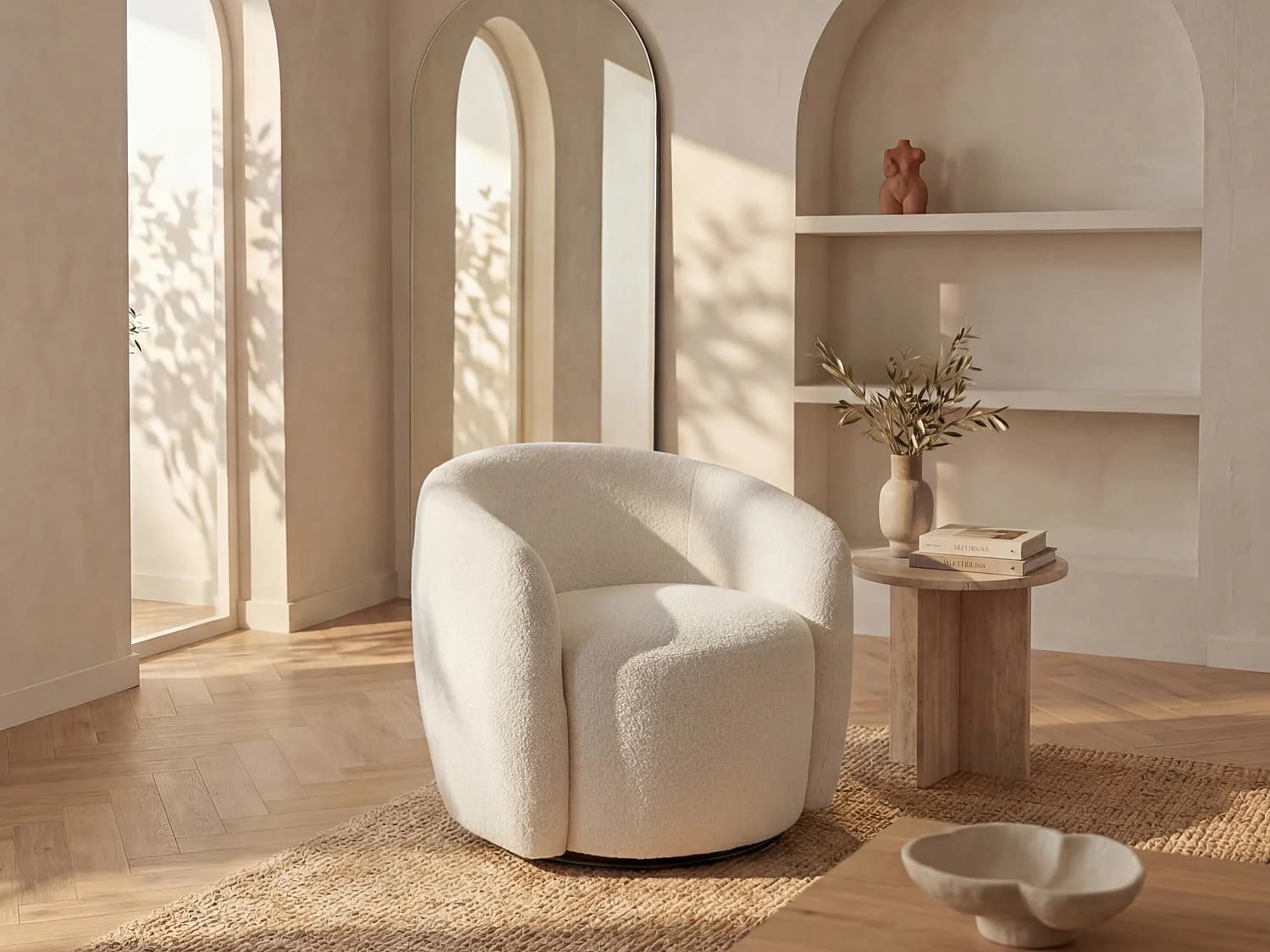 Fauteuil pivotant en tissu bouclette blanc VEREIDE