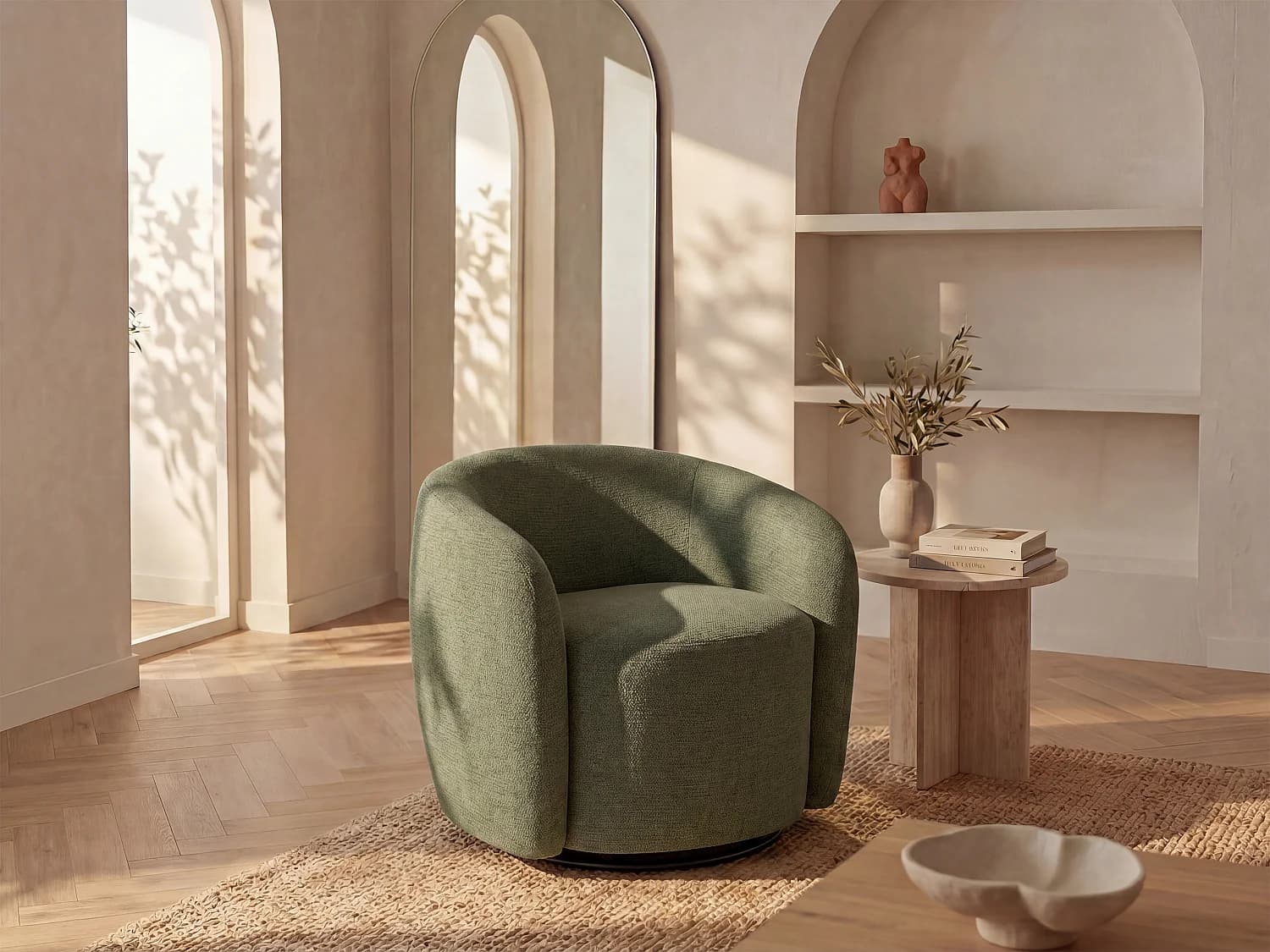 Fauteuil pivotant en tissu texturé kaki VEREIDE
