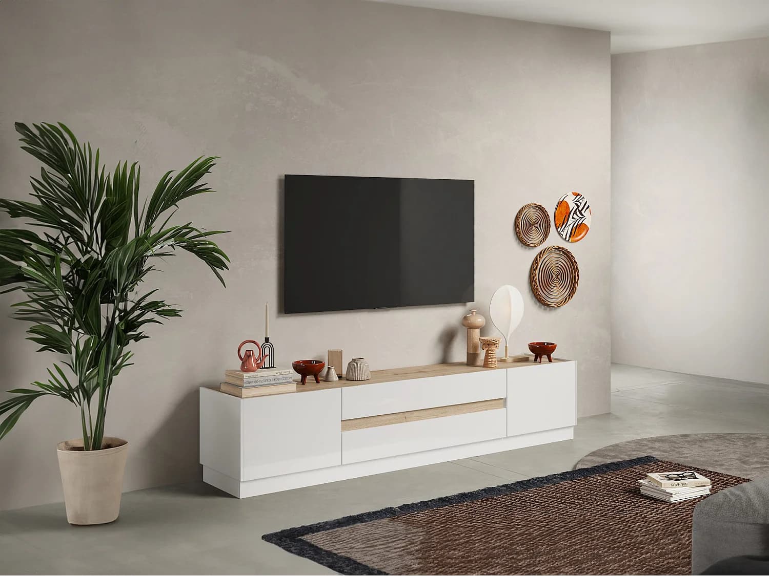 Meuble TV avec 2 portes et 2 tiroirs - Blanc et Naturel - EMORA
