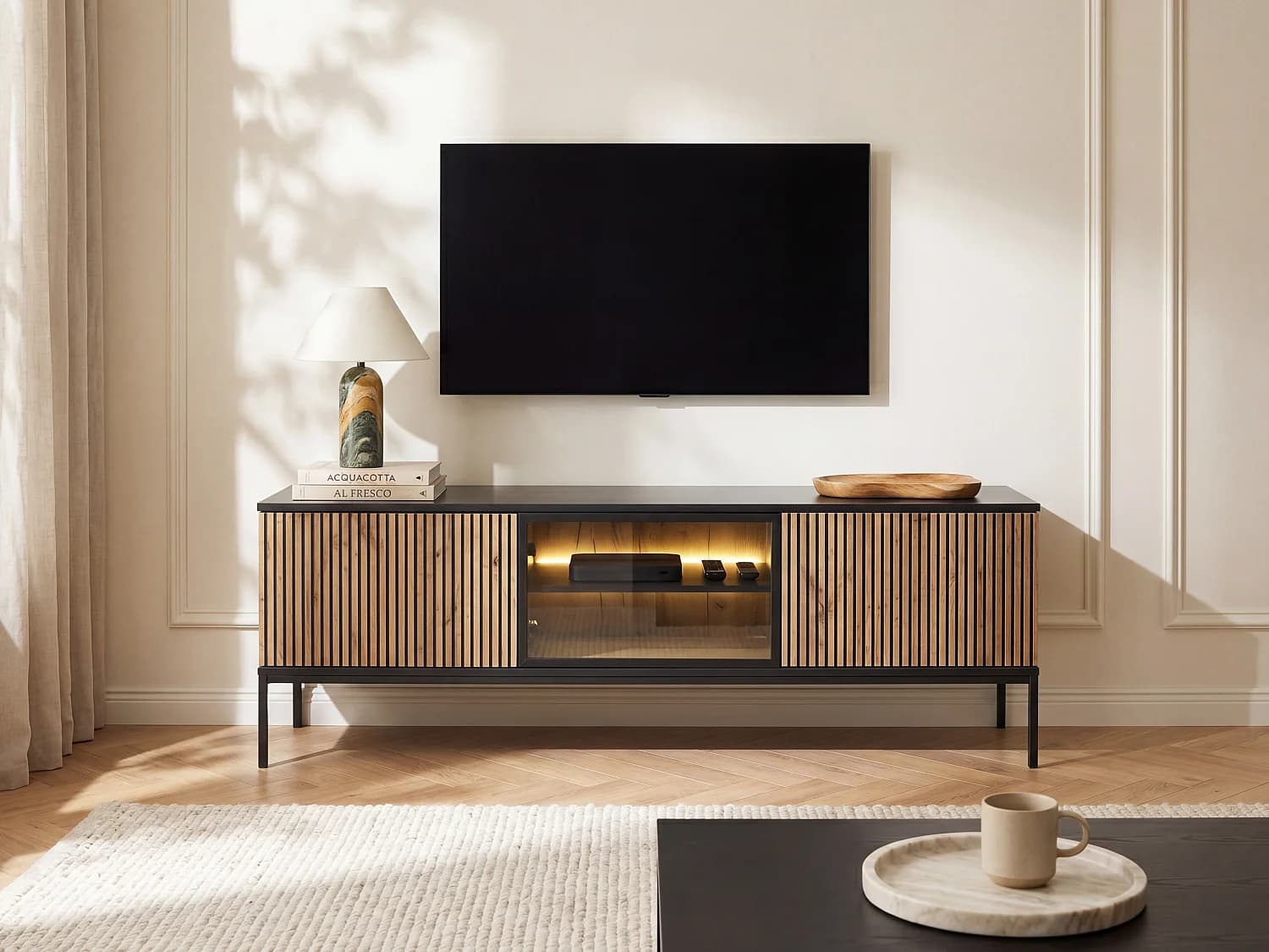 Meuble TV 3 portes avec LEDs en MDF et verre fumé - Noir et Naturel - OVILA