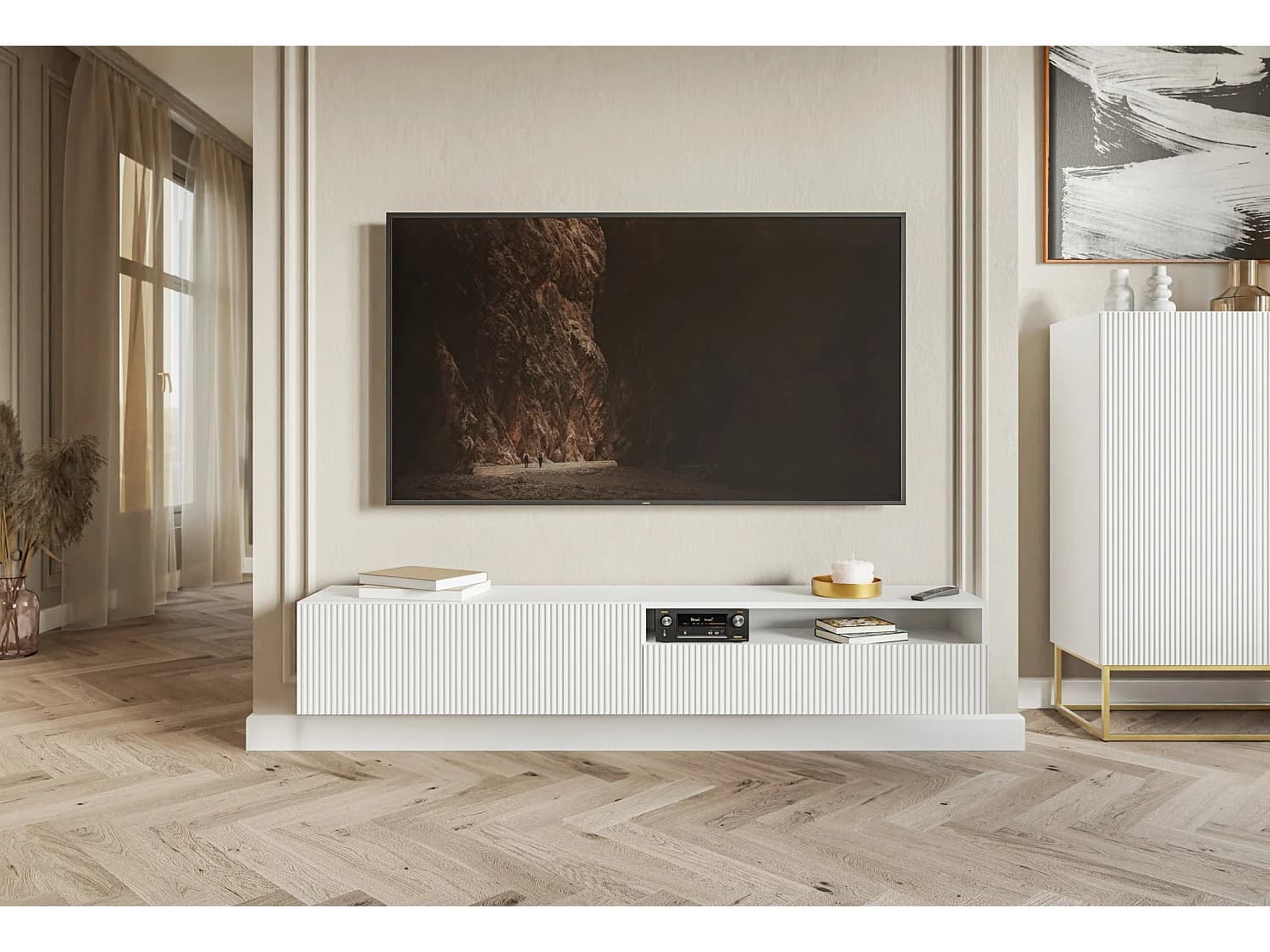 Meuble TV - 175 cm - suspendue avec niche - blanc - VELDIO