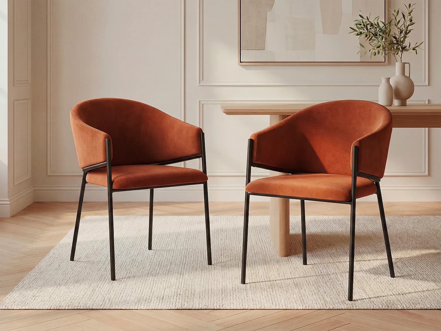 Lot de 2 chaises avec accoudoirs en velours et métal noir - Terracotta - ORDIDA