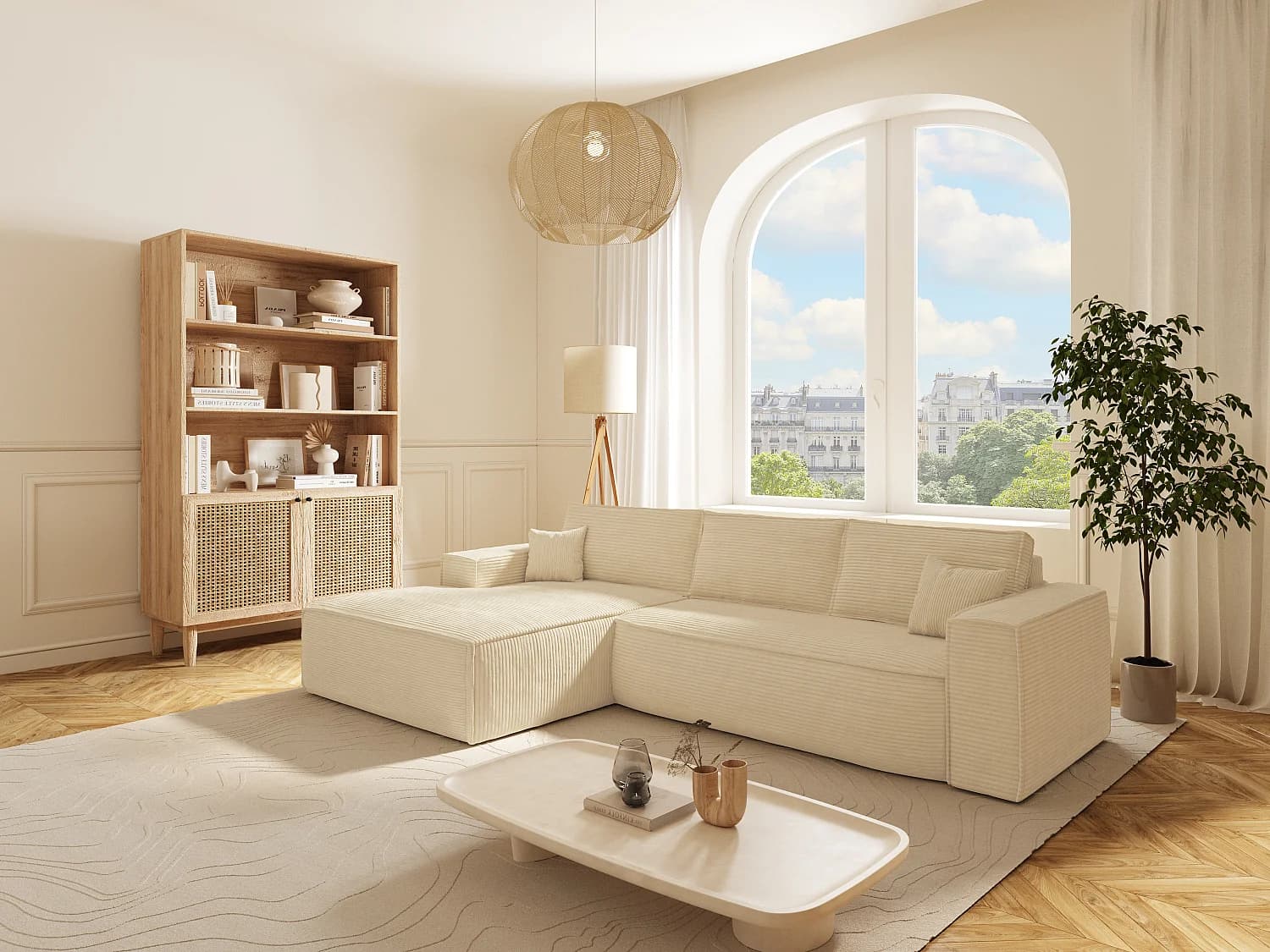 Canapé d'angle gauche convertible express en velours côtelé beige - Couchage 140 cm - Matelas 13 cm avec mémoire de forme - AMELIA