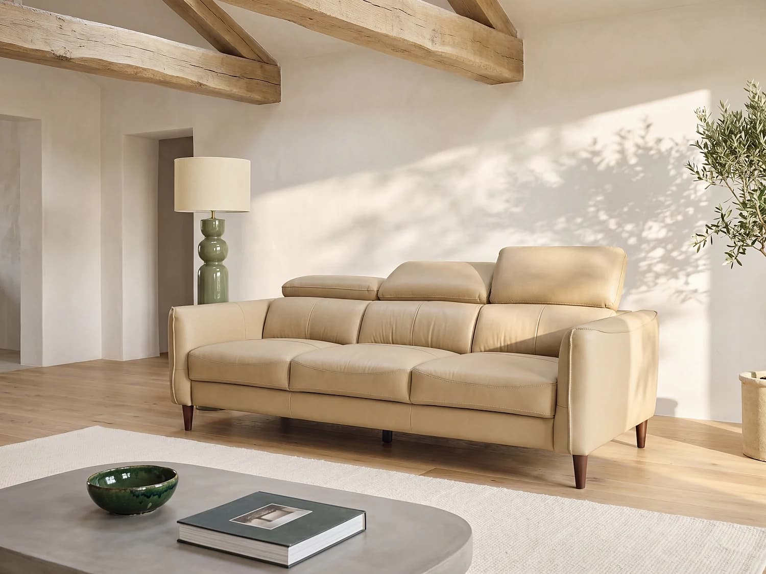 Canapé 3 places en cuir de buffle beige SALVI