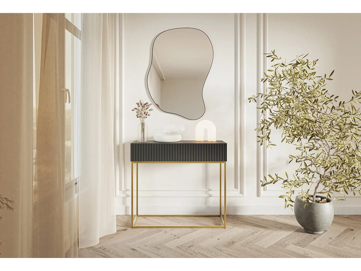 Table console - 90 cm - noir - pieds dorés - VELDIO